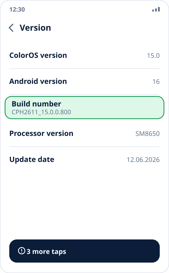 The “Version” screen on realme and OPPO: the “Build number” item to tap seven times