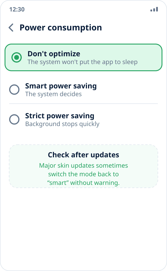 Choosing the power consumption mode on ColorOS: “Don't optimize” is selected for the app
