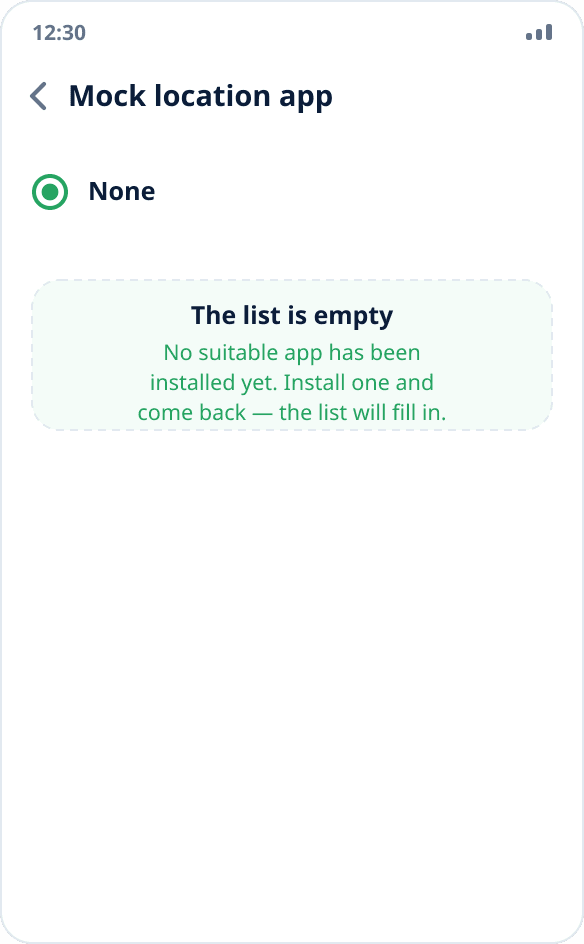 An empty mock location app list: “None” is selected, no suitable app is installed