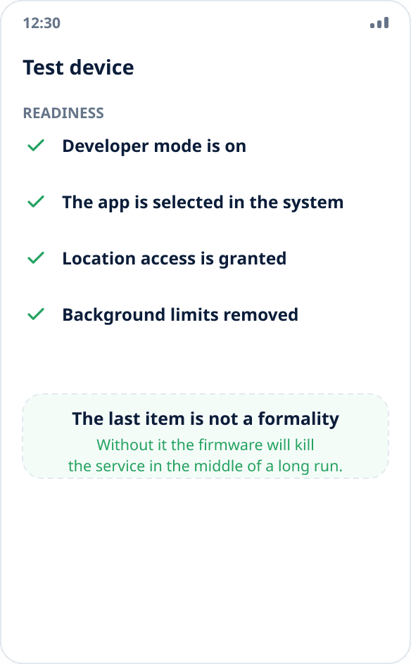 A test device preparation checklist: developer mode, app selection, location access, background restrictions removed