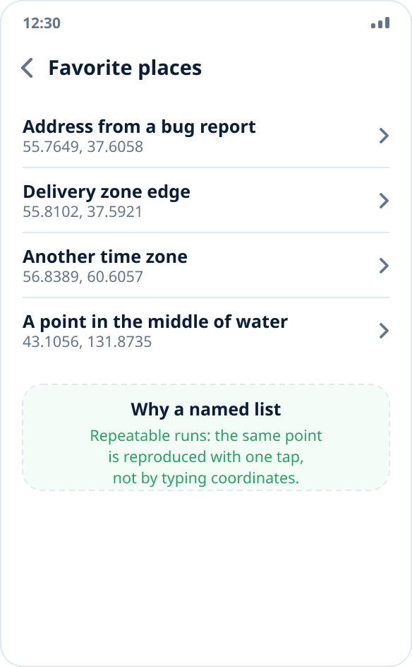 The list of favorite places in Mock Location: a set of reference points for repeatable runs