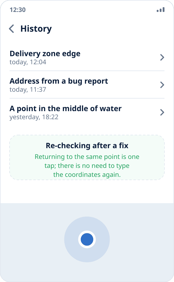 Launch history in Mock Location: you can return to a point from a previous run with one tap
