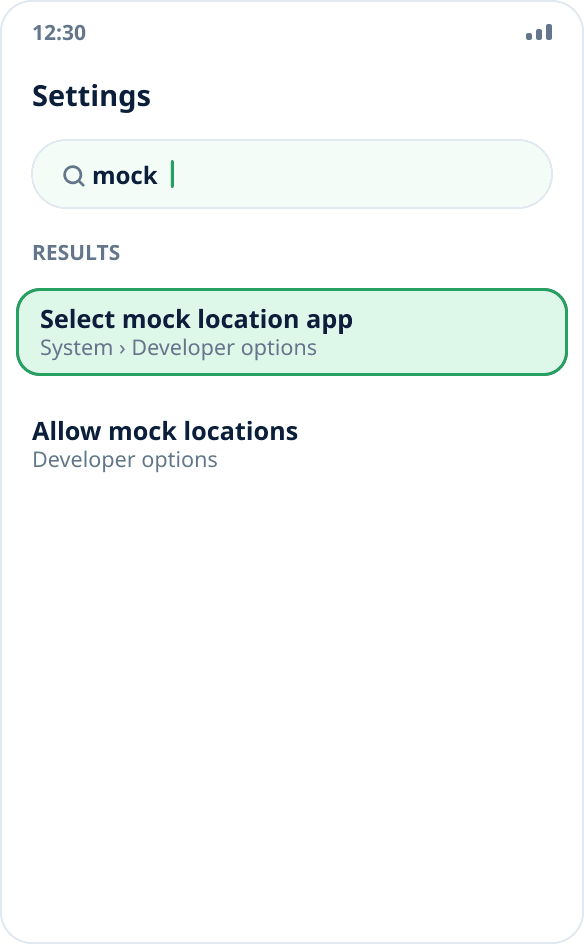 Android settings search: the “Select mock location app” item is found