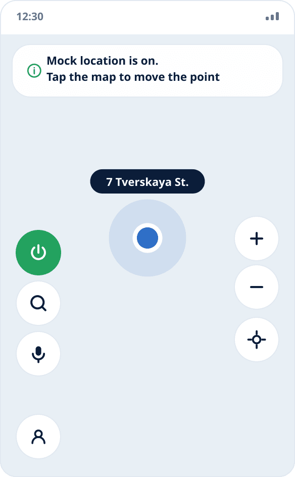 The Mock Location screen: a map with the chosen point, a blue marker, the power button on the left is highlighted — spoofing is active