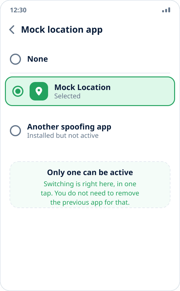 The mock location app list: two apps are installed, one is selected — the system allows only one active