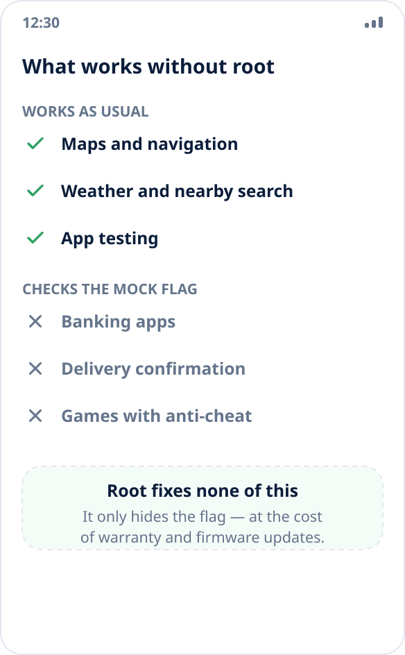 Comparison of scenarios: maps, weather and testing work without root; banking apps and anti-cheat systems do not