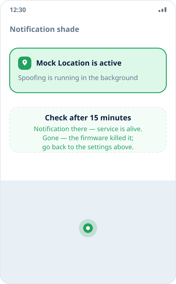 The persistent Mock Location notification in the shade: location spoofing is running in the background