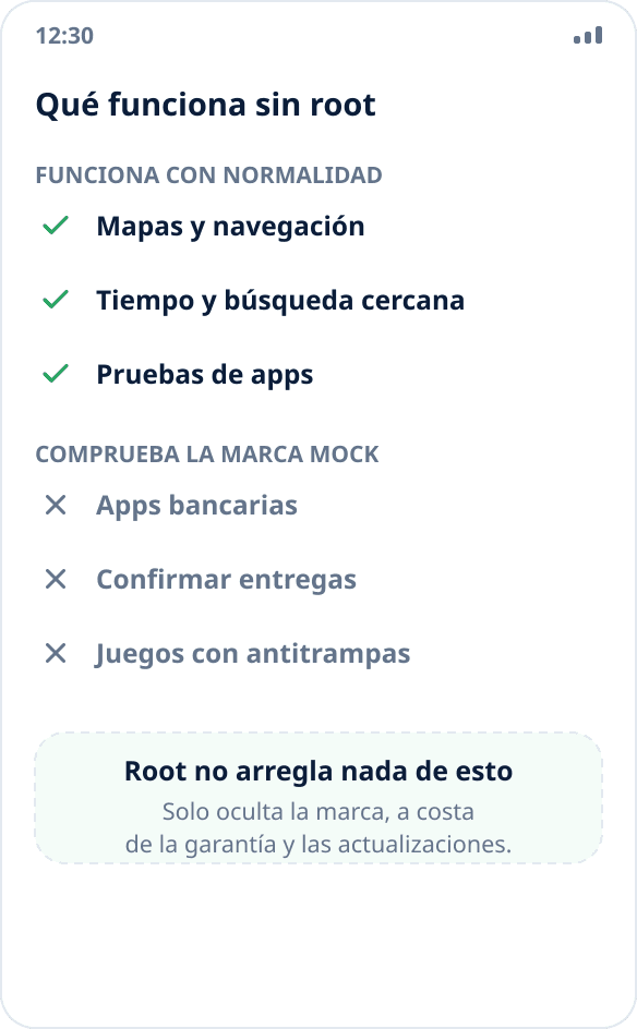 Comparación de casos: los mapas, el tiempo y las pruebas funcionan sin root; las apps bancarias y los antitrampas, no