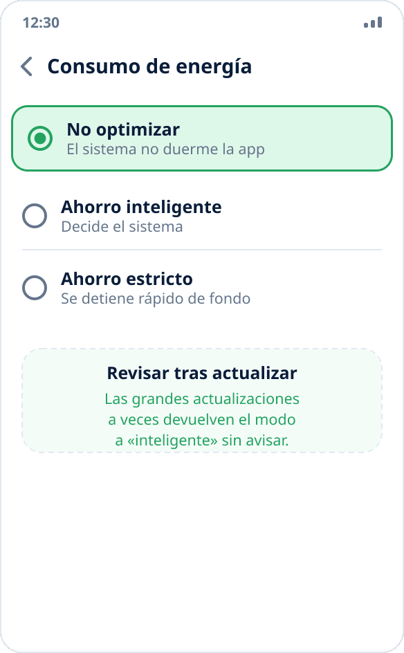 Elección del modo de consumo de energía en ColorOS: «No optimizar» está marcado para la aplicación