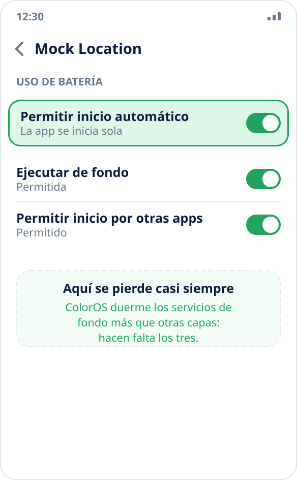 Gestión de la aplicación en ColorOS: inicio automático y actividad en segundo plano permitidos para Mock Location
