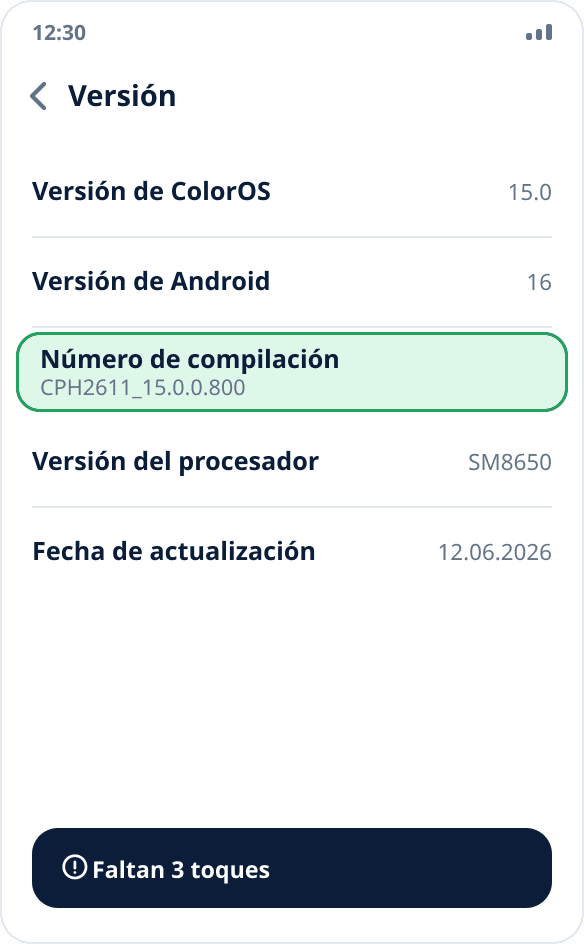 La pantalla «Versión» en realme y OPPO: el elemento «Número de compilación», que hay que tocar siete veces