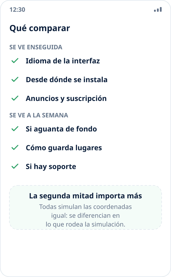 Lista de comprobación para elegir una app de simulación de ubicación: idioma, origen de instalación, segundo plano, lugares guardados y anuncios