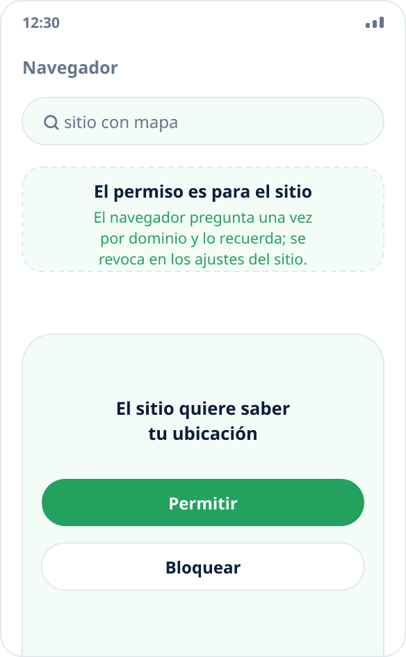 Solicitud del navegador de acceso a la ubicación: al permitirla, el sitio recibe las coordenadas simuladas