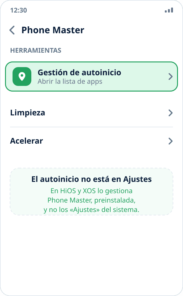La aplicación Phone Master en Tecno e Infinix: la sección «Gestión de inicio automático» con el interruptor activado