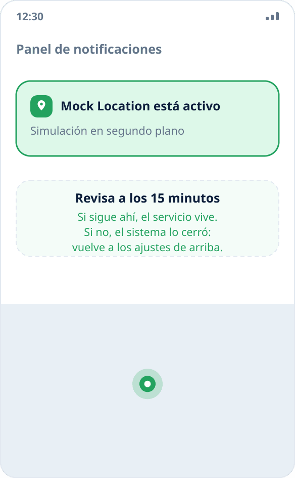 La notificación permanente de Mock Location en el panel: la simulación de ubicación se ejecuta en segundo plano