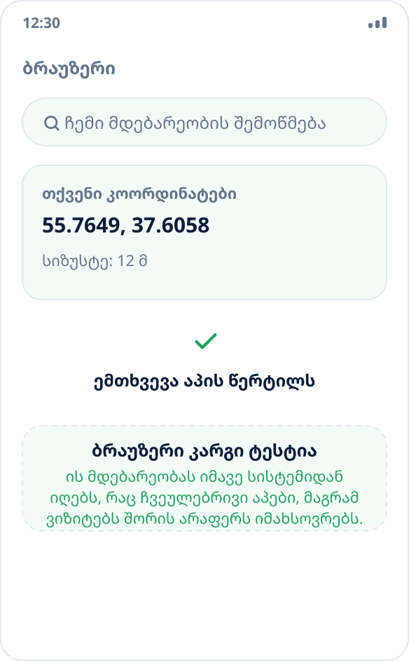 მდებარეობის შემოწმება ბრაუზერში: გვერდი არჩეული წერტილის შესაბამის კოორდინატებს აჩვენებს