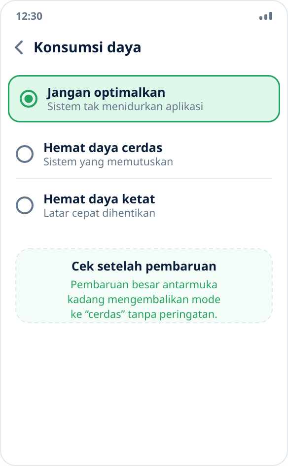 Memilih mode konsumsi daya di ColorOS: “Jangan optimalkan” dipilih untuk aplikasi