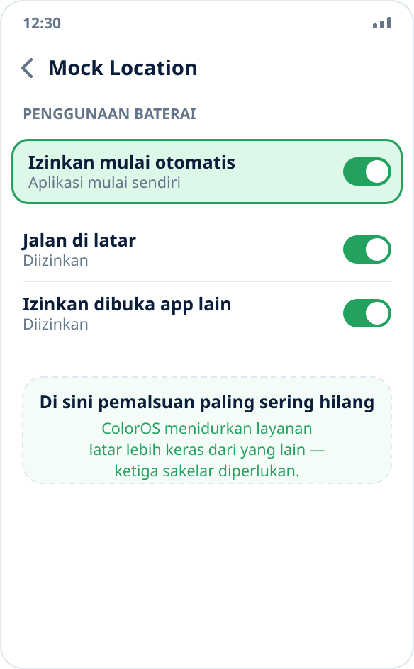 Pengelolaan aplikasi di ColorOS: mulai otomatis dan aktivitas latar diizinkan untuk Mock Location