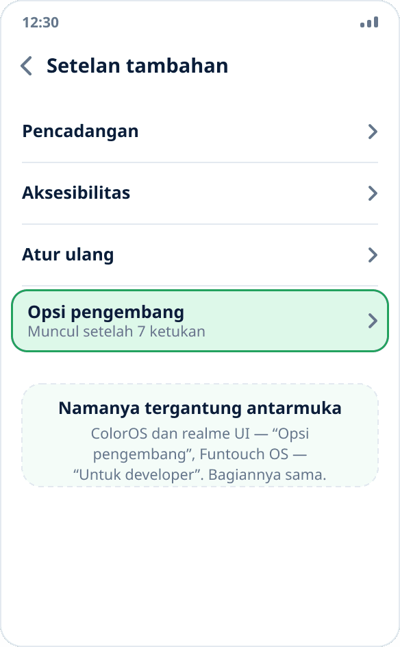 Bagian “Setelan tambahan” di ColorOS: “Opsi pengembang” di akhir daftar