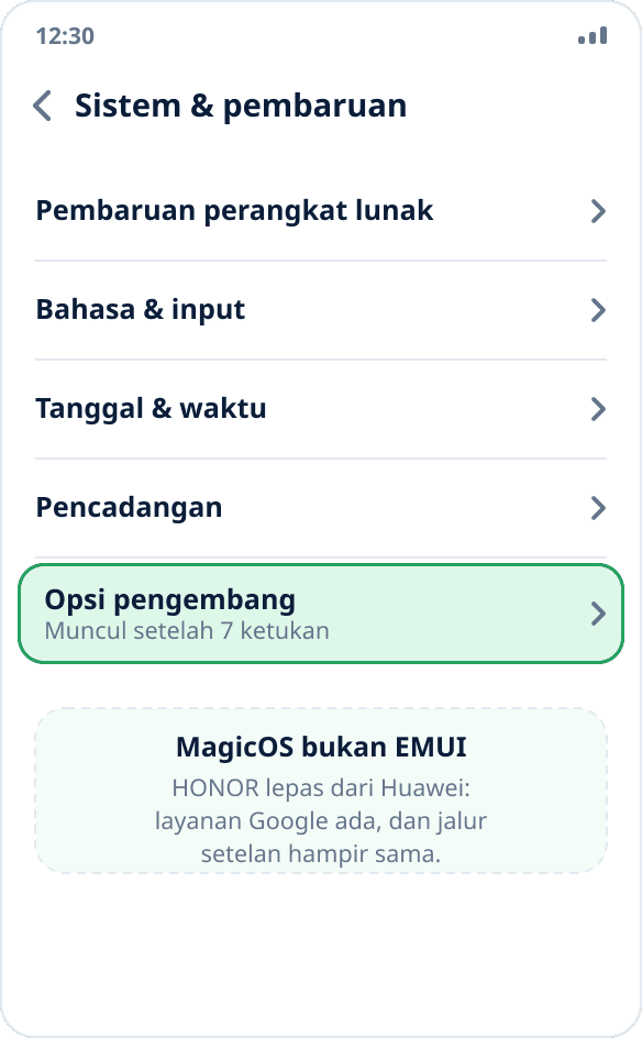 Bagian “Sistem & pembaruan” di HONOR: “Opsi pengembang” setelah mode diaktifkan