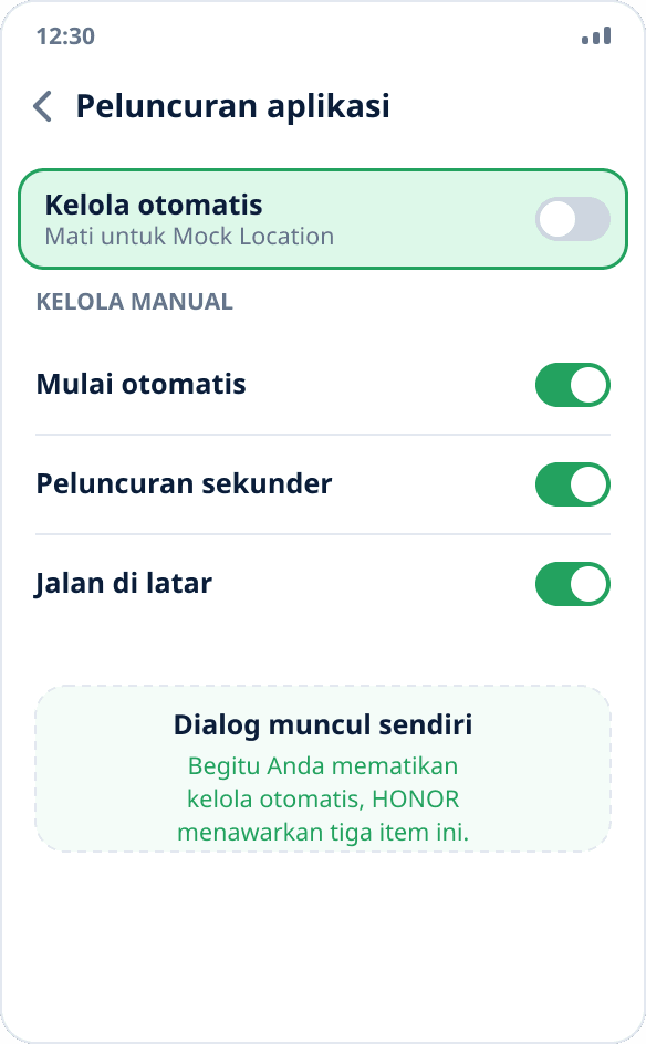 Pengelolaan peluncuran aplikasi di HONOR: mode manual dengan peluncuran otomatis, peluncuran sekunder, dan jalan di latar aktif