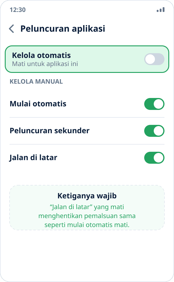 Setelan Huawei: pengelolaan peluncuran otomatis dimatikan untuk Mock Location, tiga sakelar aktif