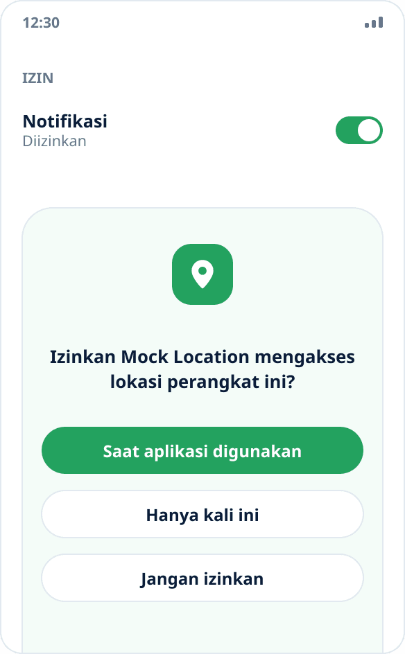 Permintaan sistem Android untuk akses lokasi bagi aplikasi Mock Location