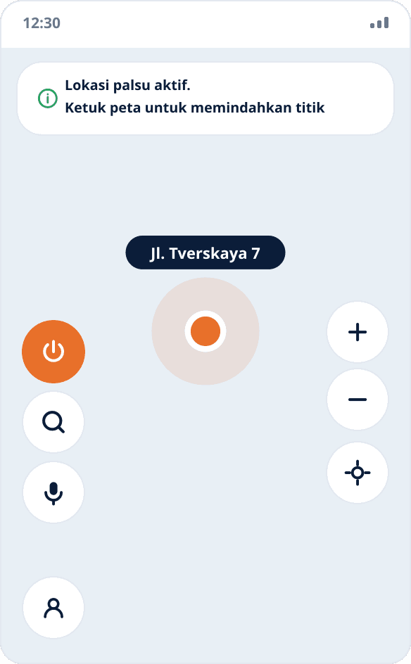 Layar Mock Location: peta dengan titik pilihan, pin oranye, tombol daya di kiri menyala oranye — pemalsuan aktif