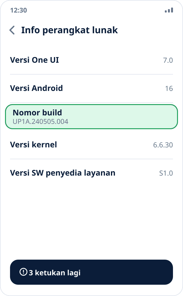 Layar “Informasi perangkat lunak” di Samsung: item “Nomor bentukan” yang perlu diketuk tujuh kali disorot