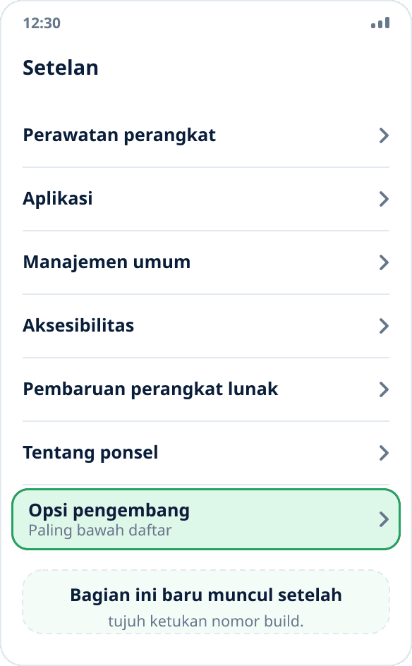 Daftar setelan utama Samsung: “Opsi pengembang” berada paling bawah