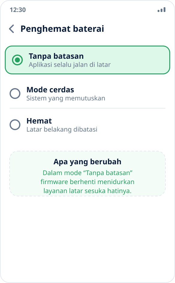 Memilih mode penghemat baterai aplikasi: “Tanpa batasan” dipilih