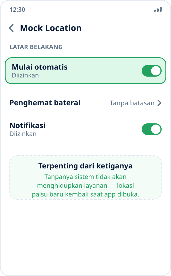 Layar aplikasi di setelan MIUI: sakelar “Mulai otomatis” aktif