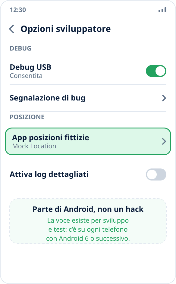 La voce «Seleziona app di posizione fittizia» nelle opzioni sviluppatore di Android, vicino al debug USB