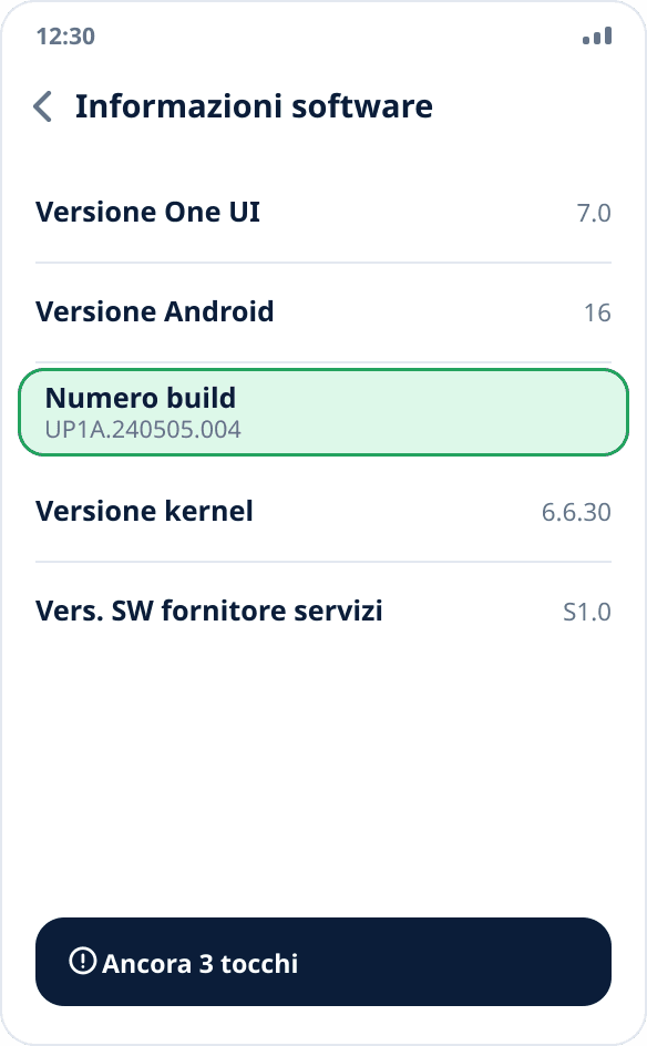 La schermata «Informazioni software» su Samsung: è evidenziata la voce «Numero build», da toccare sette volte