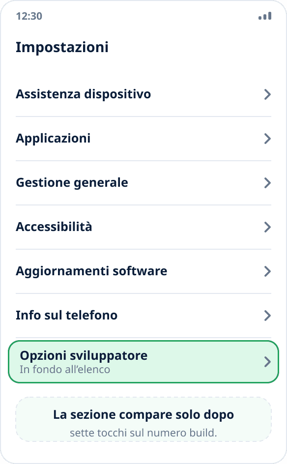 L’elenco principale delle impostazioni Samsung: «Opzioni sviluppatore» si trova in fondo