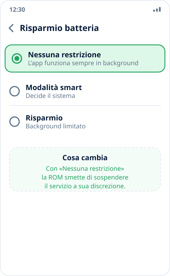Scelta della modalità di risparmio batteria per l’app: è selezionato «Nessuna restrizione»