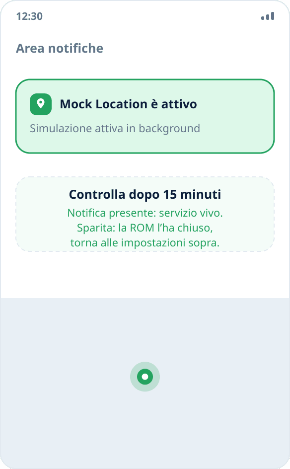 La notifica permanente di Mock Location nell’area notifiche: la simulazione della posizione è attiva in background