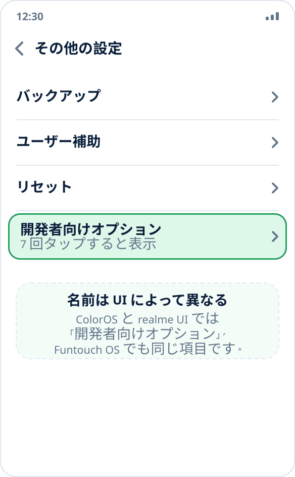 ColorOS の「その他の設定」：リストの最後にある「開発者向けオプション」