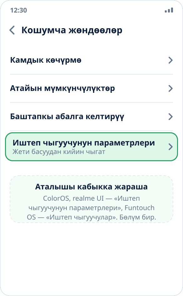 ColorOS’тогу «Кошумча жөндөөлөр» бөлүмү: тизменин аягында «Иштеп чыгуучунун параметрлери»