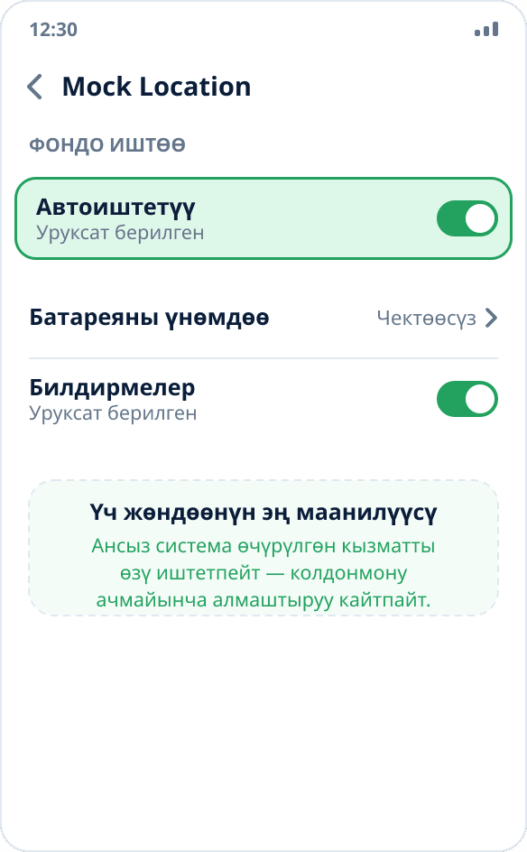 MIUI жөндөөлөрүндөгү колдонмонун экраны: «Автоиштетүү» которгучу күйүк
