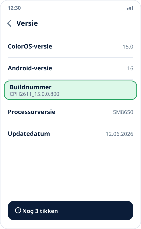Het scherm ‘Versie’ op realme en OPPO: het item ‘Buildnummer’ waarop je zeven keer tikt
