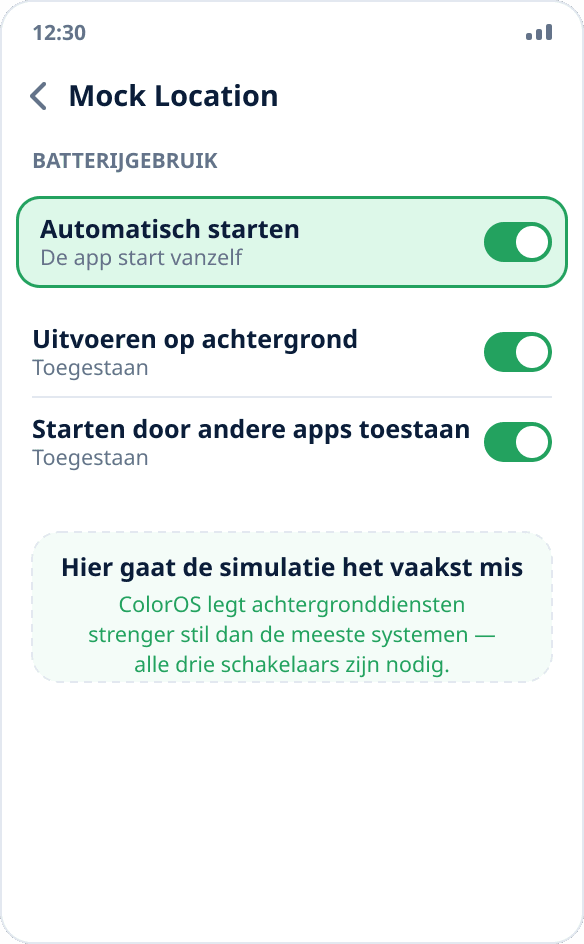 App-beheer in ColorOS: automatisch starten en achtergrondactiviteit zijn toegestaan voor Mock Location