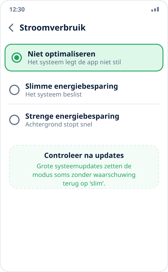 Het stroomverbruik kiezen in ColorOS: ‘Niet optimaliseren’ is gekozen voor de app