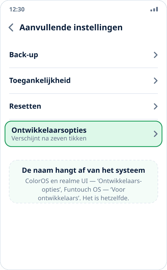 Het onderdeel ‘Aanvullende instellingen’ in ColorOS: ‘Ontwikkelaarsopties’ aan het eind van de lijst