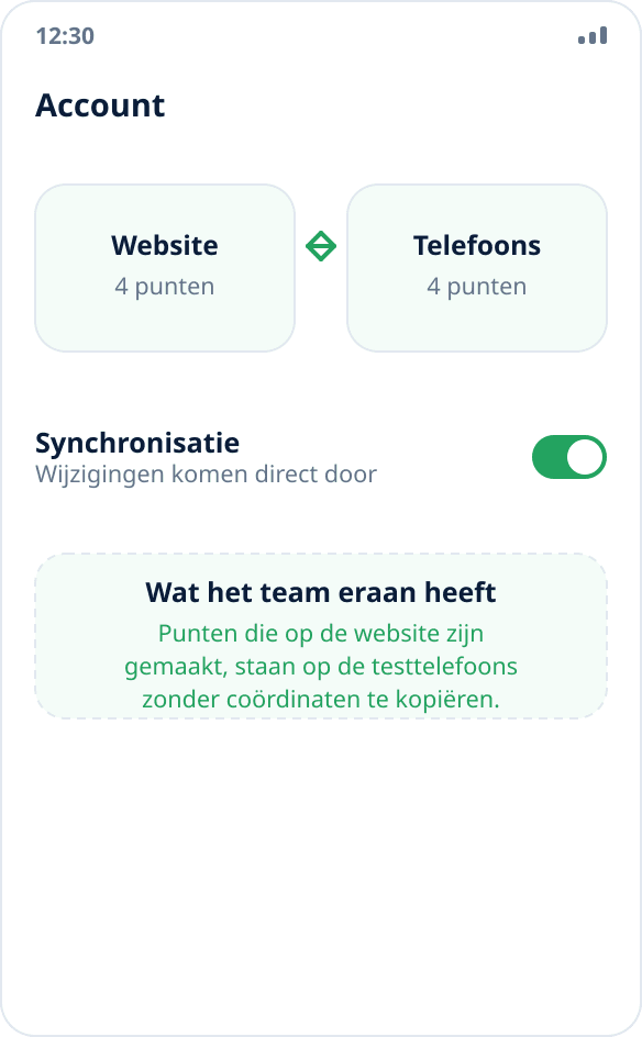 Een set punten synchroniseren tussen de website en testapparaten via het account
