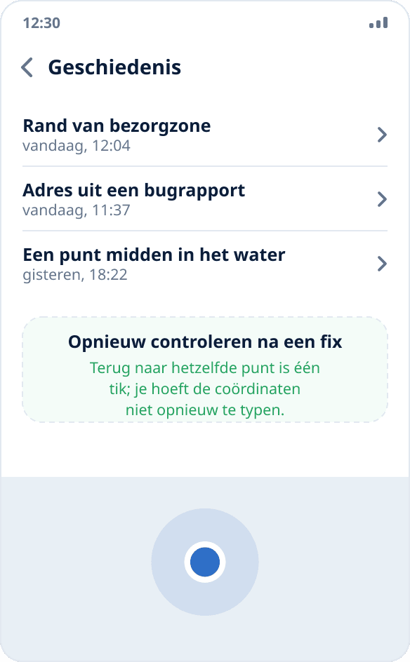 De startgeschiedenis in Mock Location: met één tik ga je terug naar een punt uit een eerdere run