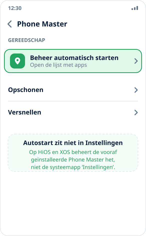 De app Phone Master op Tecno en Infinix: het onderdeel ‘Beheer automatisch starten’ met de schakelaar aan