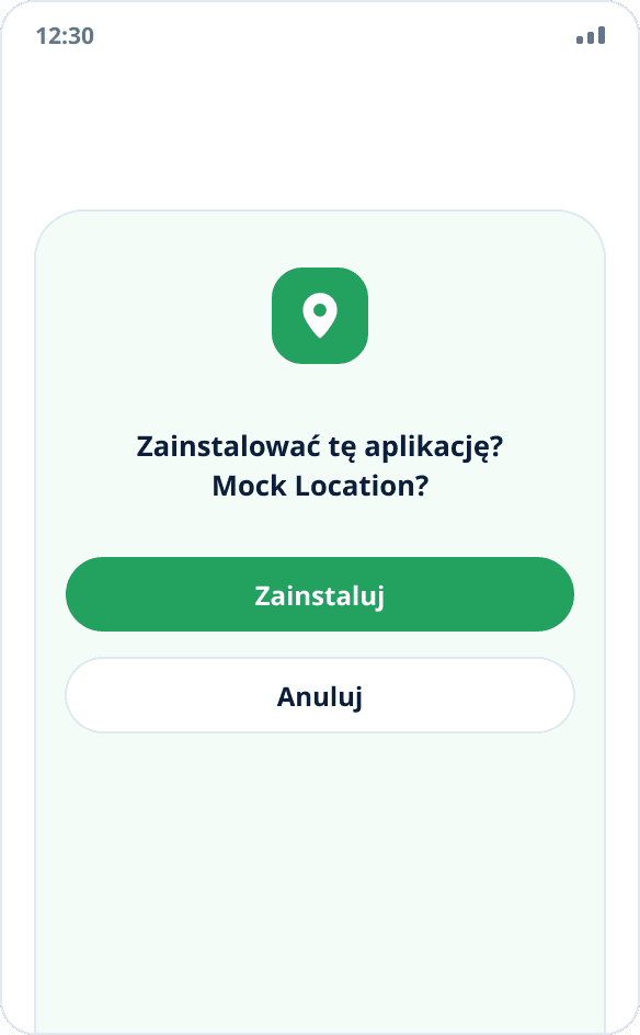 Systemowe okno instalacji aplikacji Mock Location z przyciskami „Zainstaluj” i „Anuluj”
