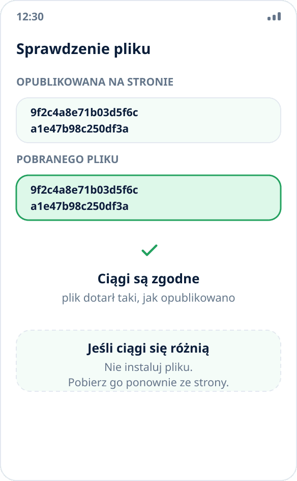 Porównanie sumy kontrolnej: hash pobranego pliku zgadza się z opublikowanym na stronie