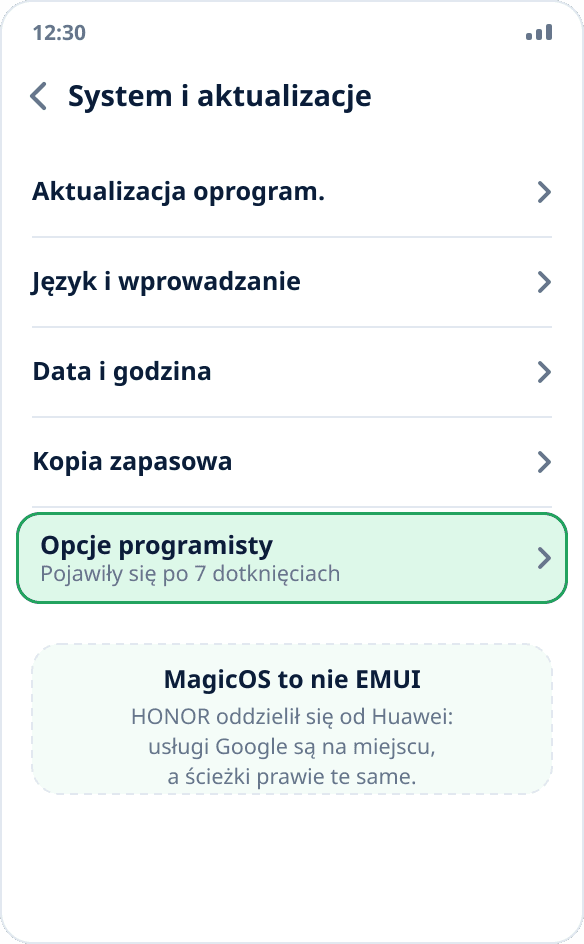 Sekcja „System i aktualizacje” na HONOR: „Opcje programisty” po włączeniu trybu